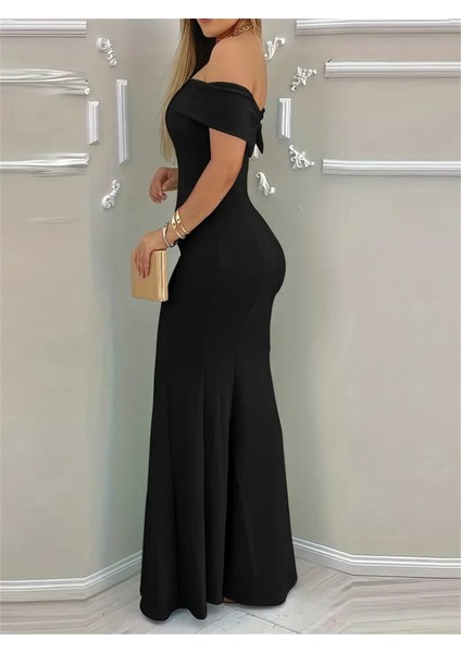 Kadın Kısa Kollu Madonna Yaka Belden Oturtmalı Uzun Ithal Krep Elbise 2xl-3xl-Siyah modelleri