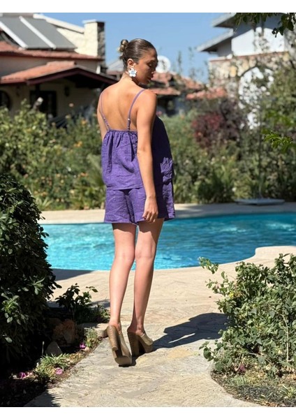 NC3159 Önü Püsküllü Keten Italyan Şortlu Takım Mor modelleri