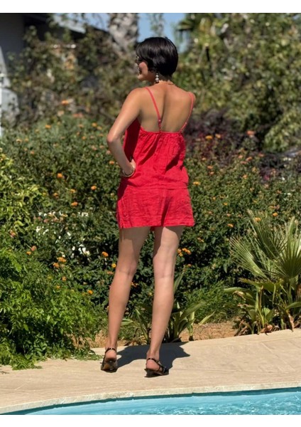 NC3159 Önü Püsküllü Keten Italyan Şortlu Takım Mercan indirimleri