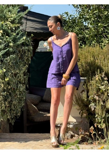 NC3159 Önü Püsküllü Keten Italyan Şortlu Takım Mor indirimleri