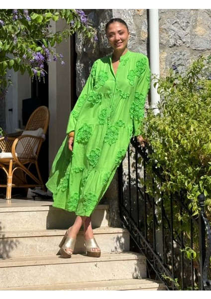 PT54830 Önden Düğmeli Brodeli Hakim Yaka Coton Italyan Elbise Yeşil fiyatları