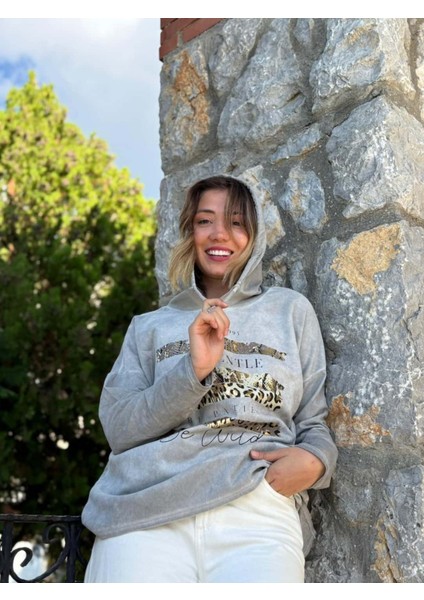 NC56152 Italyan Leopar Baskılı Kapüşonlu Sweatshirt Gri