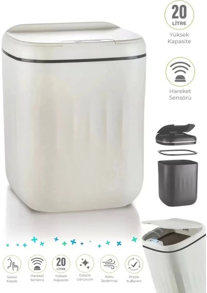 Akıllı Sensörlü Çöp Kovası 20L - Uv Işık Antibakteriyel & Koku Geçirmez Otomatik Mutfak Ofis Banyo Kovası