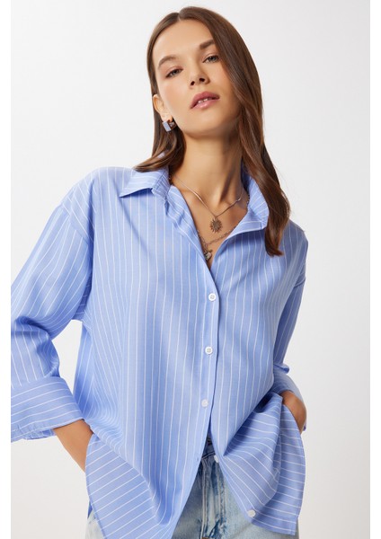 Çizgili Oxford Dokuma Gömlek LDZ0055 Mavi Beyaz