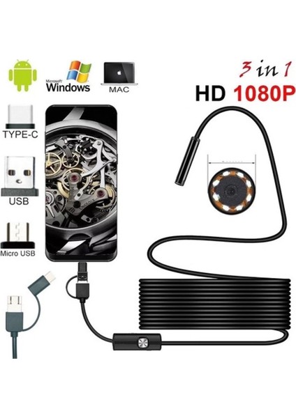 Endoskop 3 In 1 Yılan Kamera USB Micro USB Type-C 20 Metre Sert Kablo ( Lisinya )