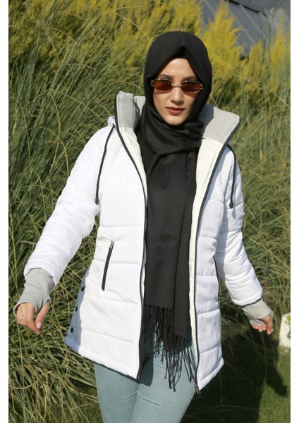 Toridas Kışlık Kapüşonlu Uzun Kadın Şişme Tesettür Mont 805BEYAZTESETTÜR