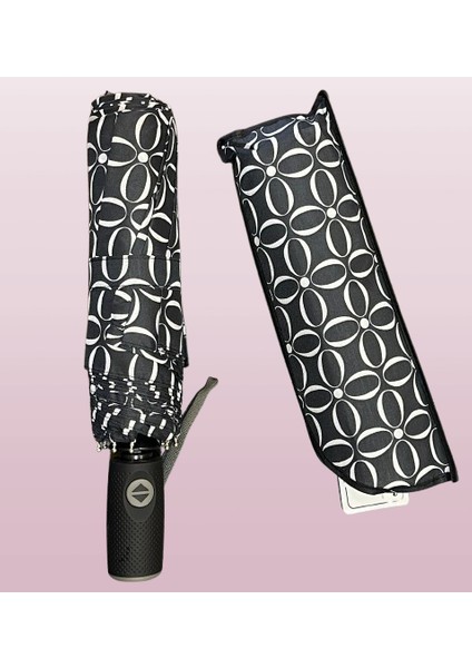 Kadın Kompakt Otomatik Şemsiye – 108 Cm, Kılıflı, Siyah Geometrik