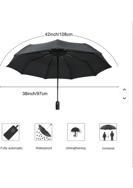 Kadın Kompakt Otomatik Şemsiye – 108 Cm, Kılıflı, Siyah Geometrik