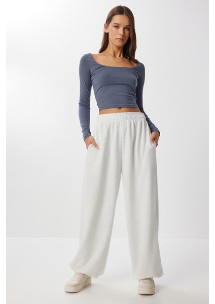 Barrel Fit Stoperli Örme Eşofman Altı LUB0254 Gri Melanj