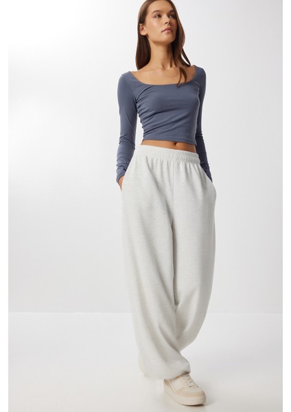 Barrel Fit Stoperli Örme Eşofman Altı LUB0254 Gri Melanj modelleri