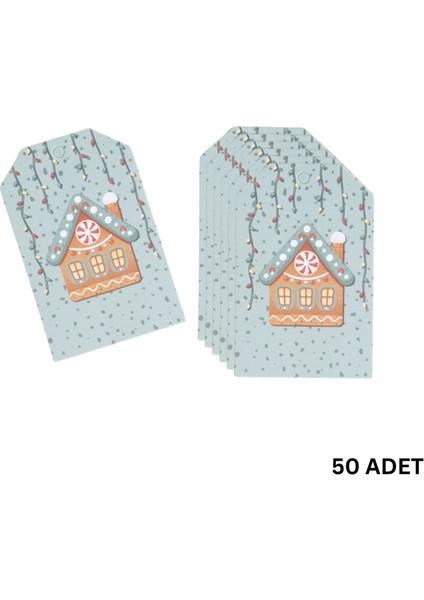 Yılbaşı Ev Temalı Hediye Etiketi, Yeniyıl, Noel Delikli Paketleme Kartı, 50 Adet-4.8x7.5 Cm, Mavi
