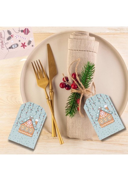 Yılbaşı Ev Temalı Hediye Etiketi, Yeniyıl, Noel Delikli Paketleme Kartı, 50 Adet-4.8x7.5 Cm, Mavi fırsatları