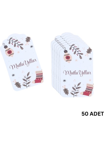 Yılbaşı Mutlu Yıllar Yazılı Hediye Etiketi, Çorap Temalı Paketleme Kartı, 50 Adet-4,5x7.5 Cm, Beyaz
