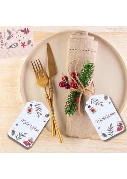 Yılbaşı Mutlu Yıllar Yazılı Hediye Etiketi, Çorap Temalı Paketleme Kartı, 50 Adet-4,5x7.5 Cm, Beyaz fırsatları