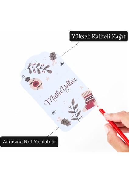 Yılbaşı Mutlu Yıllar Yazılı Hediye Etiketi, Çorap Temalı Paketleme Kartı, 50 Adet-4,5x7.5 Cm, Beyaz indirimleri