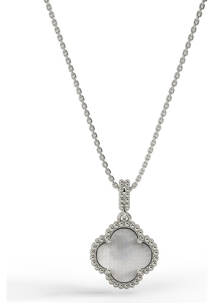 925 Ayar Beyaz Sedef Taşlı Rodyum Yonca Gümüş Kolye modelleri