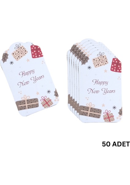 Yılbaşı Happy New Years Yazılı Hediye Etiketi, Yeniyıl Paketleme Kartı, 50 Adet-4,5x7.5cm, Beyaz