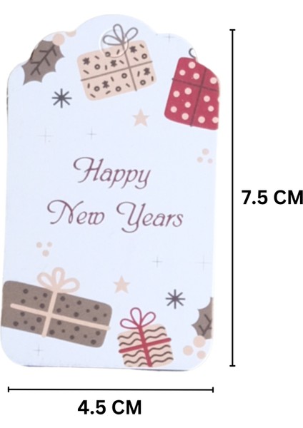 Yılbaşı Happy New Years Yazılı Hediye Etiketi, Yeniyıl Paketleme Kartı, 50 Adet-4,5x7.5cm, Beyaz fiyatları