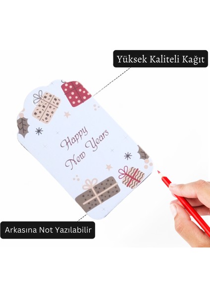 Yılbaşı Happy New Years Yazılı Hediye Etiketi, Yeniyıl Paketleme Kartı, 50 Adet-4,5x7.5cm, Beyaz modelleri
