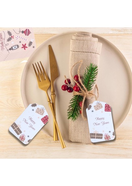 Yılbaşı Happy New Years Yazılı Hediye Etiketi, Yeniyıl Paketleme Kartı, 50 Adet-4,5x7.5cm, Beyaz indirimleri