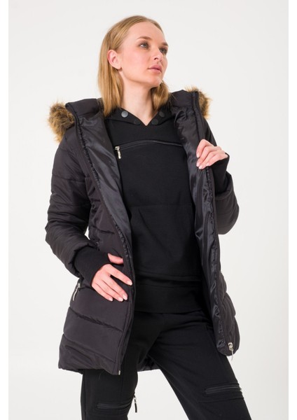 Kışlık Eldivenli Kapüşonu Kürklü Kadın Şişme Mont