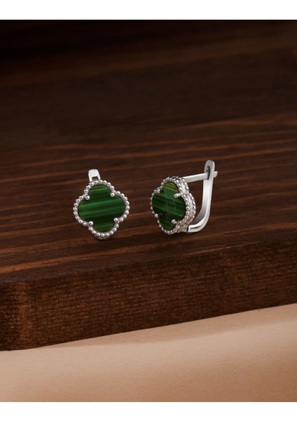 925 Ayar Yeşil Kaplangözü Taşlı Rodyum Yonca Gümüş Küpe