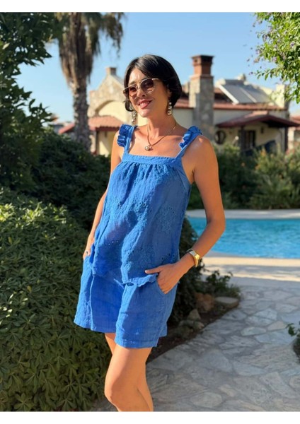 NC31211 Nakışlı Omuz Fırfırlı Keten Italyan Şortlu Takım Saks