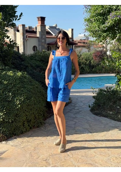 NC31211 Nakışlı Omuz Fırfırlı Keten Italyan Şortlu Takım Saks fiyatları