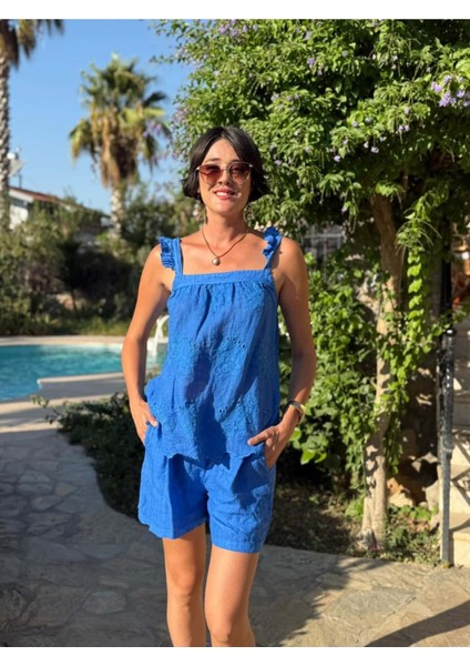 NC31211 Nakışlı Omuz Fırfırlı Keten Italyan Şortlu Takım Saks indirimleri