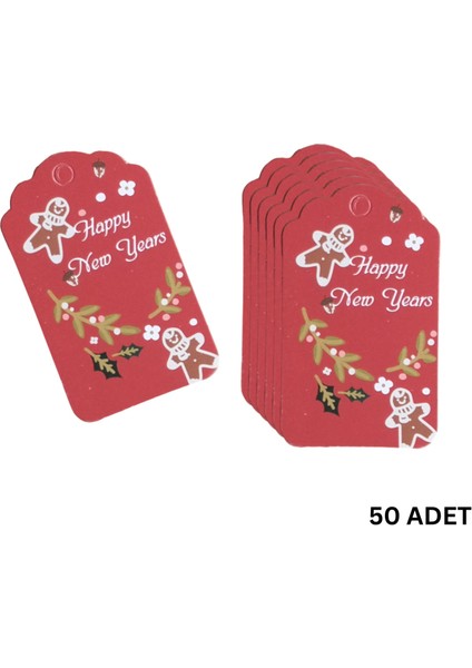 Yılbaşı Happy New Years Yazılı Hediye Etiketi, Yeniyıl Paketleme Kartı, 50 Adet-4,5x7.5cm, Kırmızı