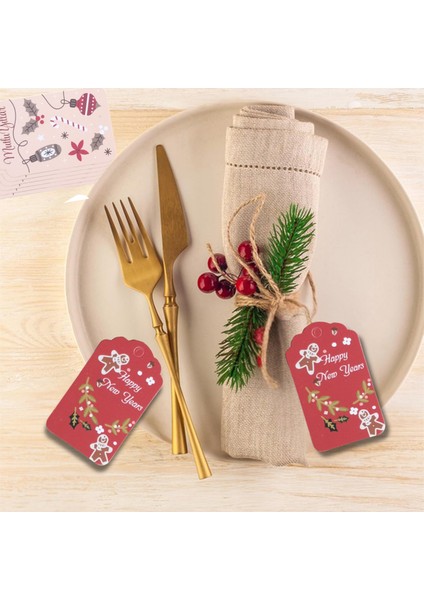 Yılbaşı Happy New Years Yazılı Hediye Etiketi, Yeniyıl Paketleme Kartı, 50 Adet-4,5x7.5cm, Kırmızı indirimleri