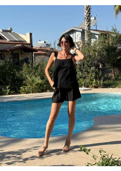 NC31211 Nakışlı Omuz Fırfırlı Keten Italyan Şortlu Takım Siyah