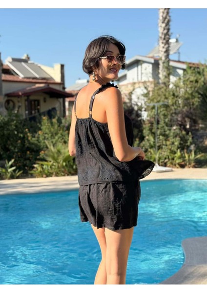 NC31211 Nakışlı Omuz Fırfırlı Keten Italyan Şortlu Takım Siyah fırsatları
