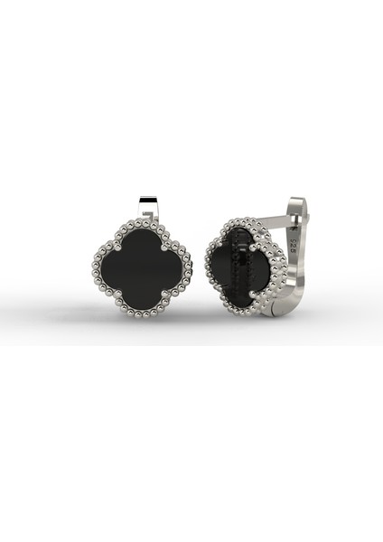 925 Ayar Oniks Taşlı Rodyum Yonca Gümüş Küpe modelleri