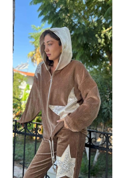 LS16260 Italyan Yıldızlı Kapüşonlu Kadife Ceket Camel