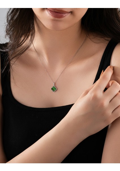 925 Ayar Yeşil Kaplangözü Taşlı Rodyum Yonca Gümüş Kolye fiyatları