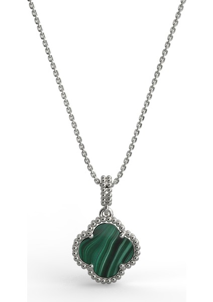 925 Ayar Yeşil Kaplangözü Taşlı Rodyum Yonca Gümüş Kolye modelleri