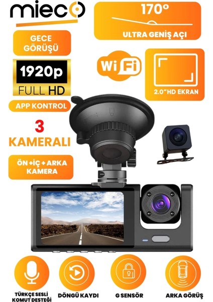 1s Wifi / App /1920P Fhd/ 170° Ultra Geniş Açı/gece Görüş/ G-Sensörü 3 Kameralı Araç KAMERASI(2025)