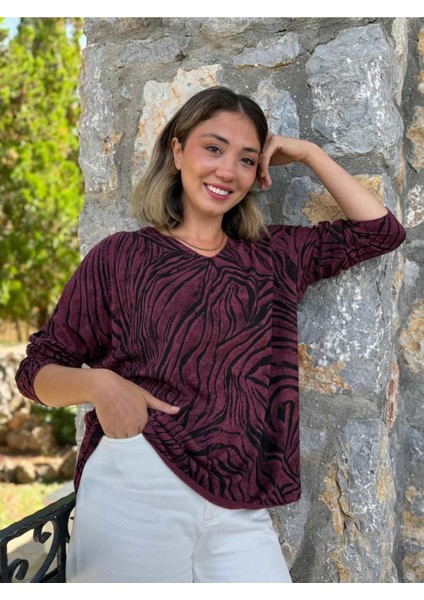 NC11285 Italyan V Yaka Zebra Desenli Triko Bluz Vişne