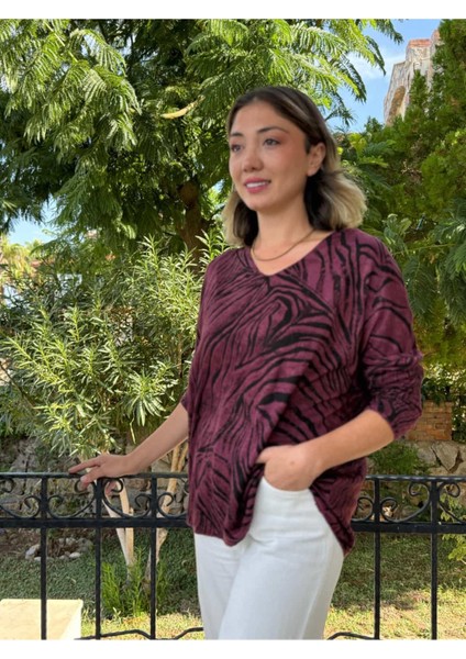 NC11285 Italyan V Yaka Zebra Desenli Triko Bluz Vişne