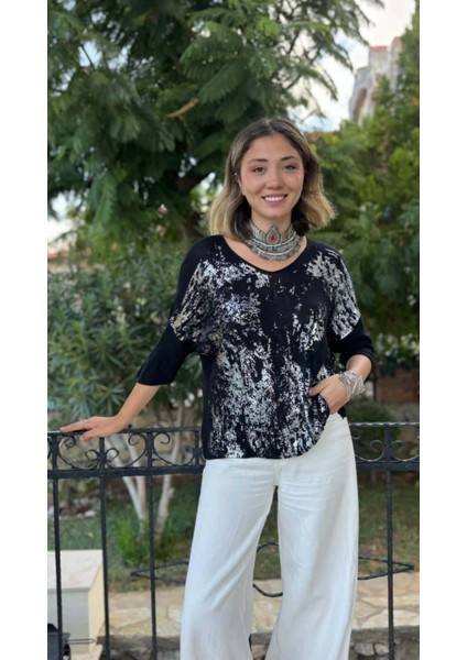NC6016 Italyan Fakir Kol Baskılı Ince Triko Bluz Siyah fiyatları