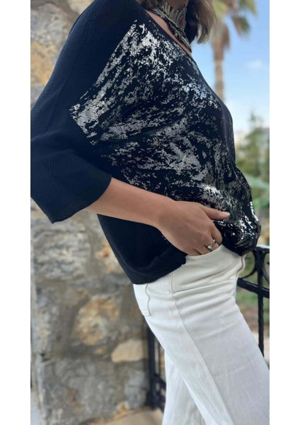 NC6016 Italyan Fakir Kol Baskılı Ince Triko Bluz Siyah modelleri