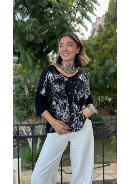 NC6016 Italyan Fakir Kol Baskılı Ince Triko Bluz Siyah indirimleri