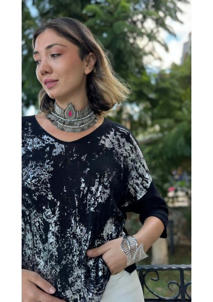 NC6016 Italyan Fakir Kol Baskılı Ince Triko Bluz Siyah