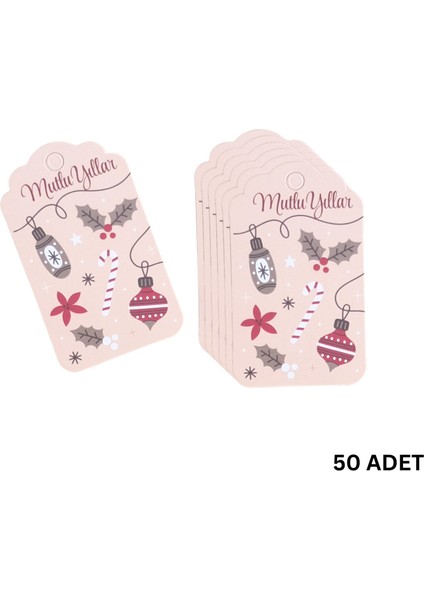 Yılbaşı Mutlu Yıllar Yazılı Hediye Etiketi, Yeniyıl Kokina Temalı Paketleme Kartı, 50 Adet-4.5x7.5cm