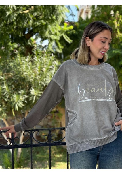 NC50793 Italyan Beauty Yazılı Coton Sweatshirt Vizon modelleri