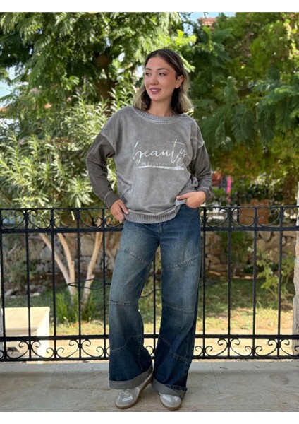 NC50793 Italyan Beauty Yazılı Coton Sweatshirt Vizon fırsatları
