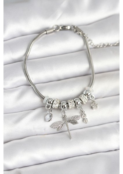 Pirinç Gümüş Renk Yusufçuk Charmlı Kadın Bileklik - EBJ251004W38065