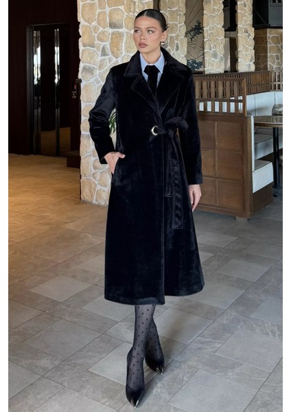 Kadın Gold Tokalı Kuşaklı Iç Astarlı Sakallı Kaban P-00018445