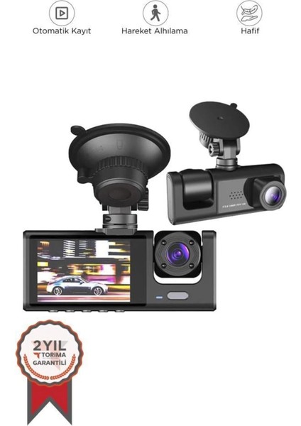 Ta-01 Siyah 1080P Araç Içi 3 Kameralı LCD Ekranlı Gece Görüşlü , G-Sensör , Geri Görüş Kamera